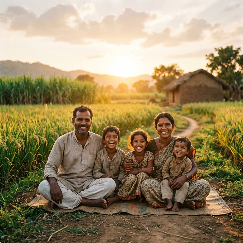 Indian farming family celebrating abundant healthy crop harvest